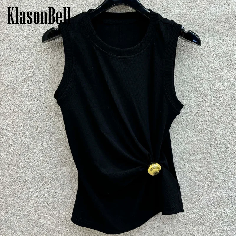 

6.22 KlasonBell Women Chic Gold Button Pin Ruched Decoration Vest Black Sleeveless Knitted Cotton Short Tank Top