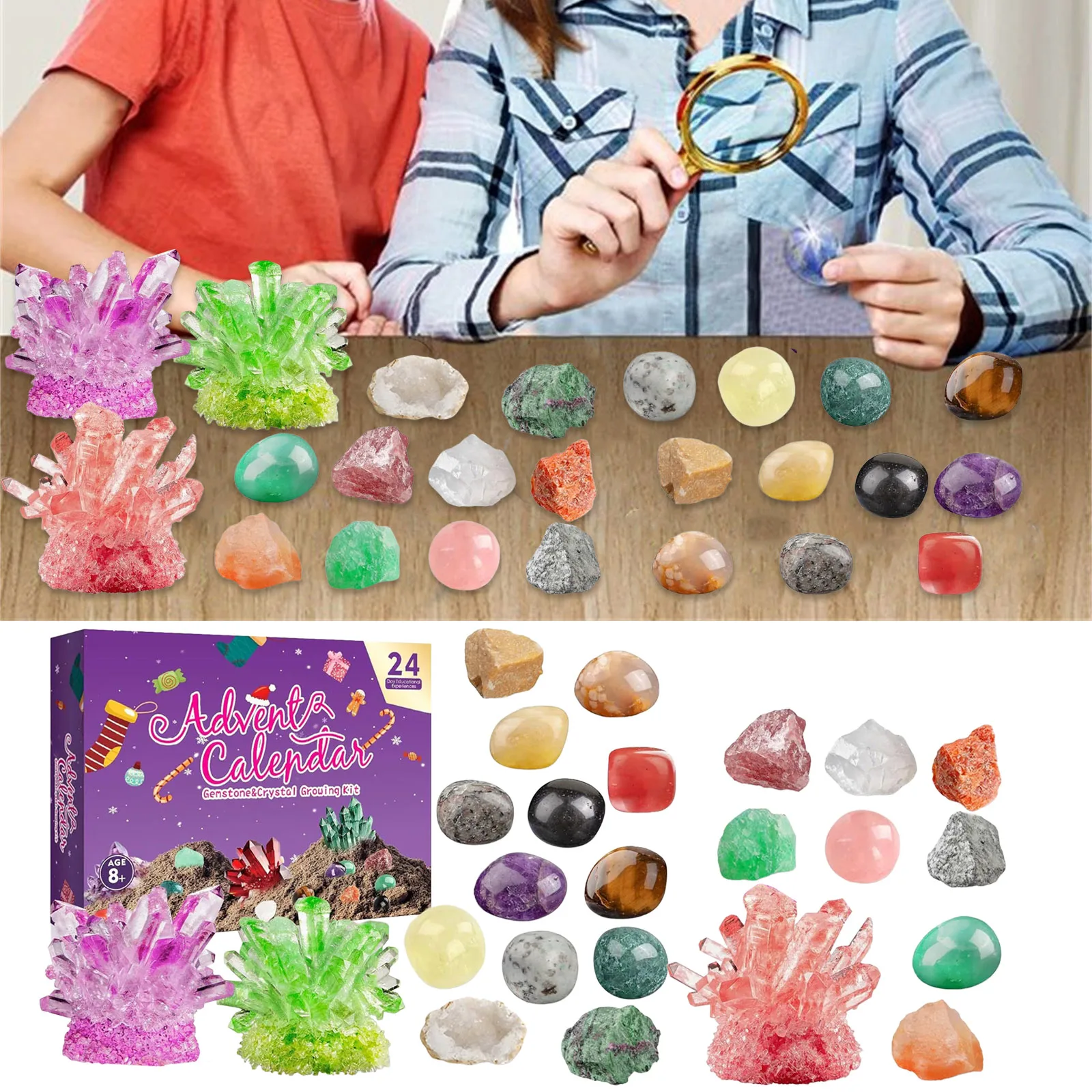 Timer per bambini Calendario dell'Avvento in cristallo colorato 2025 per bambini 24 pietre preziose naturali e pietre Orologio fitness dell'Avvento con cronometro