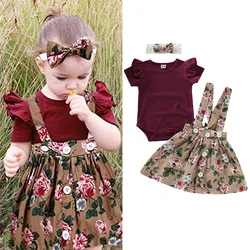 3PCS Newborn Baby Girl Clothes Set Short Sleeve Romper+Suspender Skirt+Lace Headband Summer Clothing Set for Toddler 0-18 Months