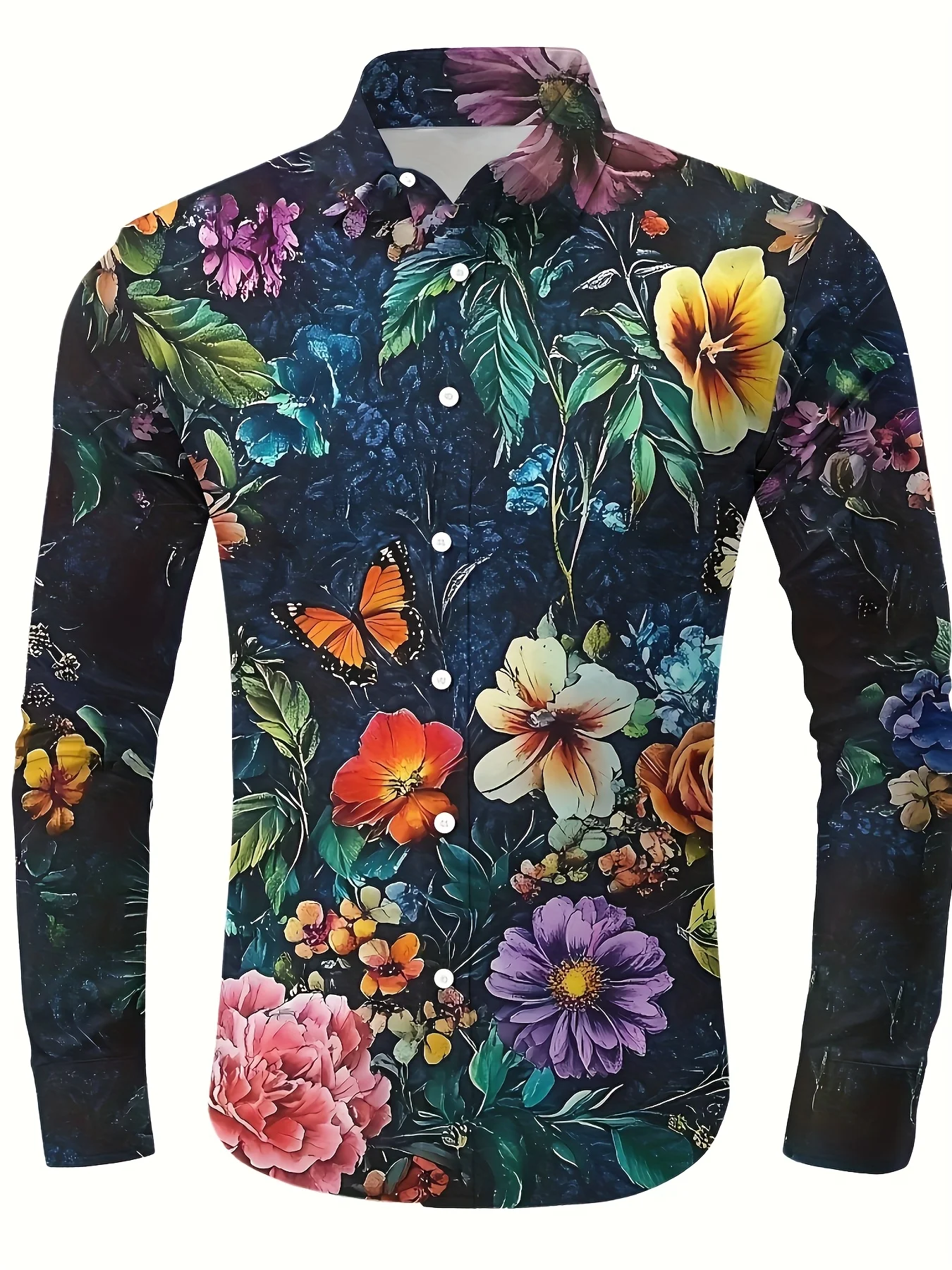 Trendy Men Button‑Up Shirt Vintage Garden Floral Butterfly Art Print Polyester Holiday Party Casual