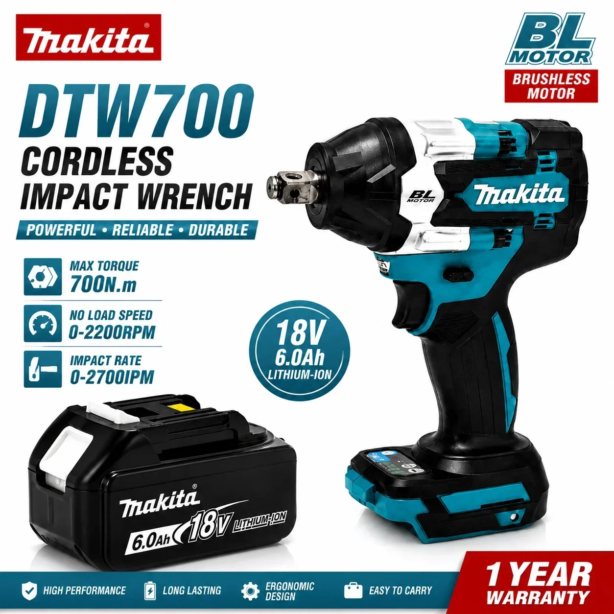 Chiave a impulsi senza fili DTW700 per batteria Makita 18V, chiave a impulsi elettrica senza spazzole, utensili elettrici ad alta coppia, chiave robusta per riparazioni auto, riparazioni