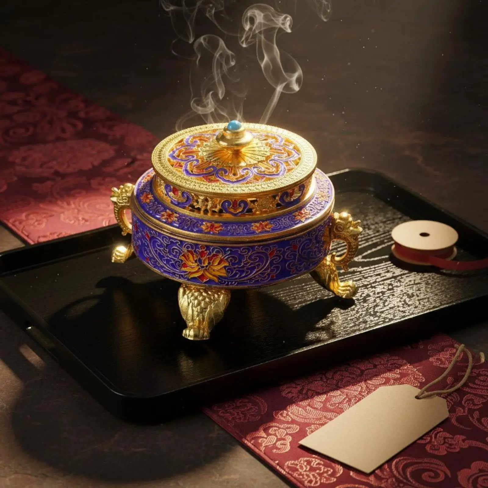 Copper Alloy Enamel Incense Burner Lotus Pattern Hollow Lid Antique Finish Four Legged Censer for Altar Decor and Aroma