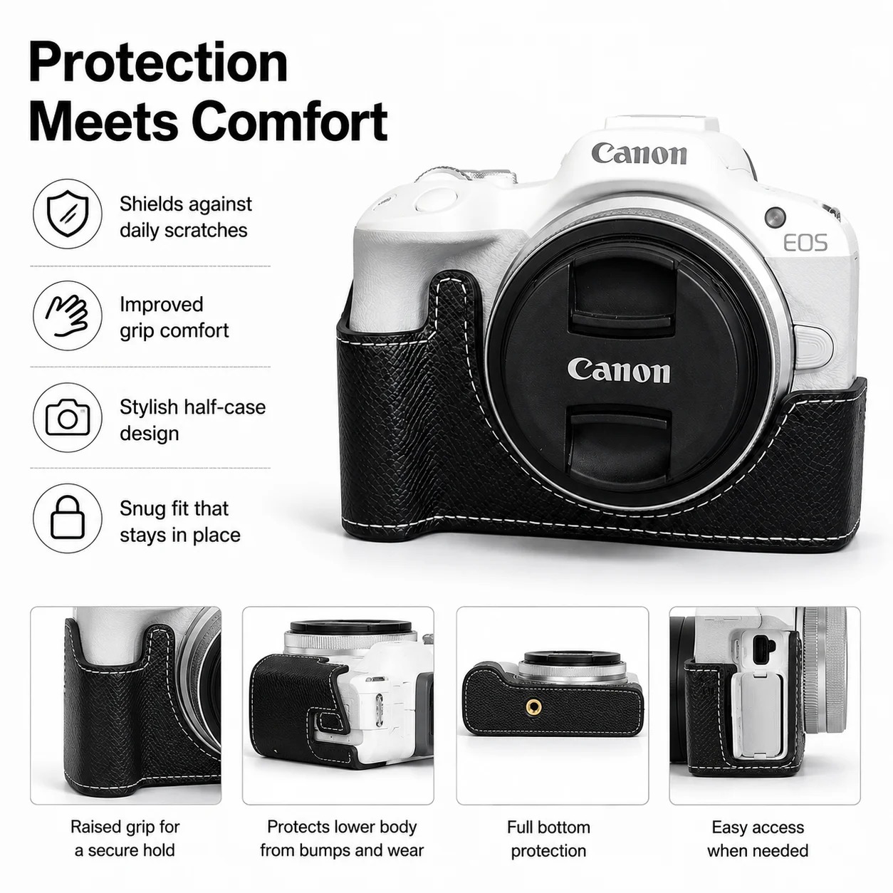 SOARSHOT Camera Half Case for Canon EOS R50 R100 PU Leather Protective Base Cover Bottom Grip Camera Cage Shell Accessories
