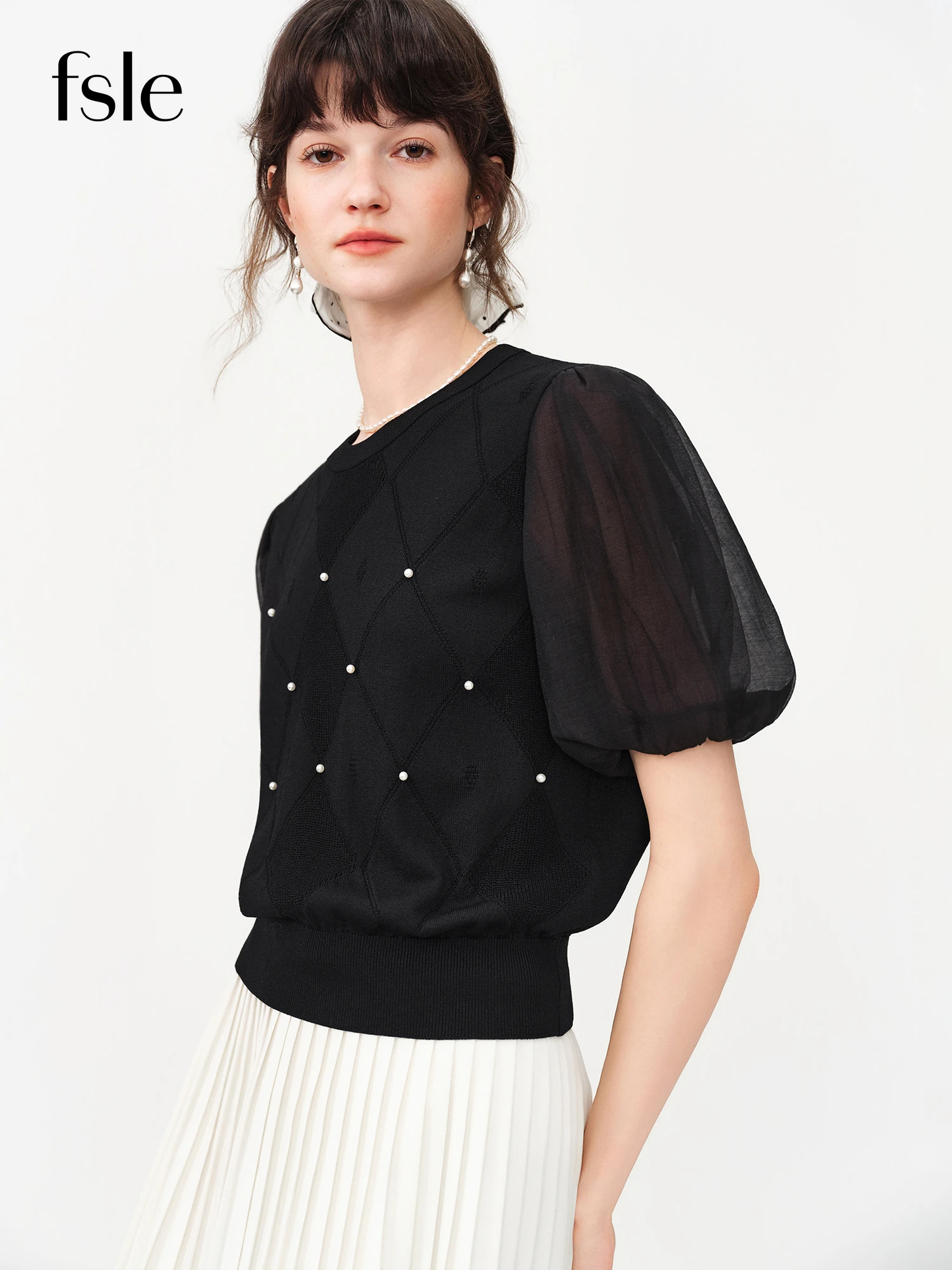 

FSLE Women's Summer 2026 New Short-Sleeved Knit Top with Beaded Trim and Puff Sleeves Chic Korean Style Streetwear