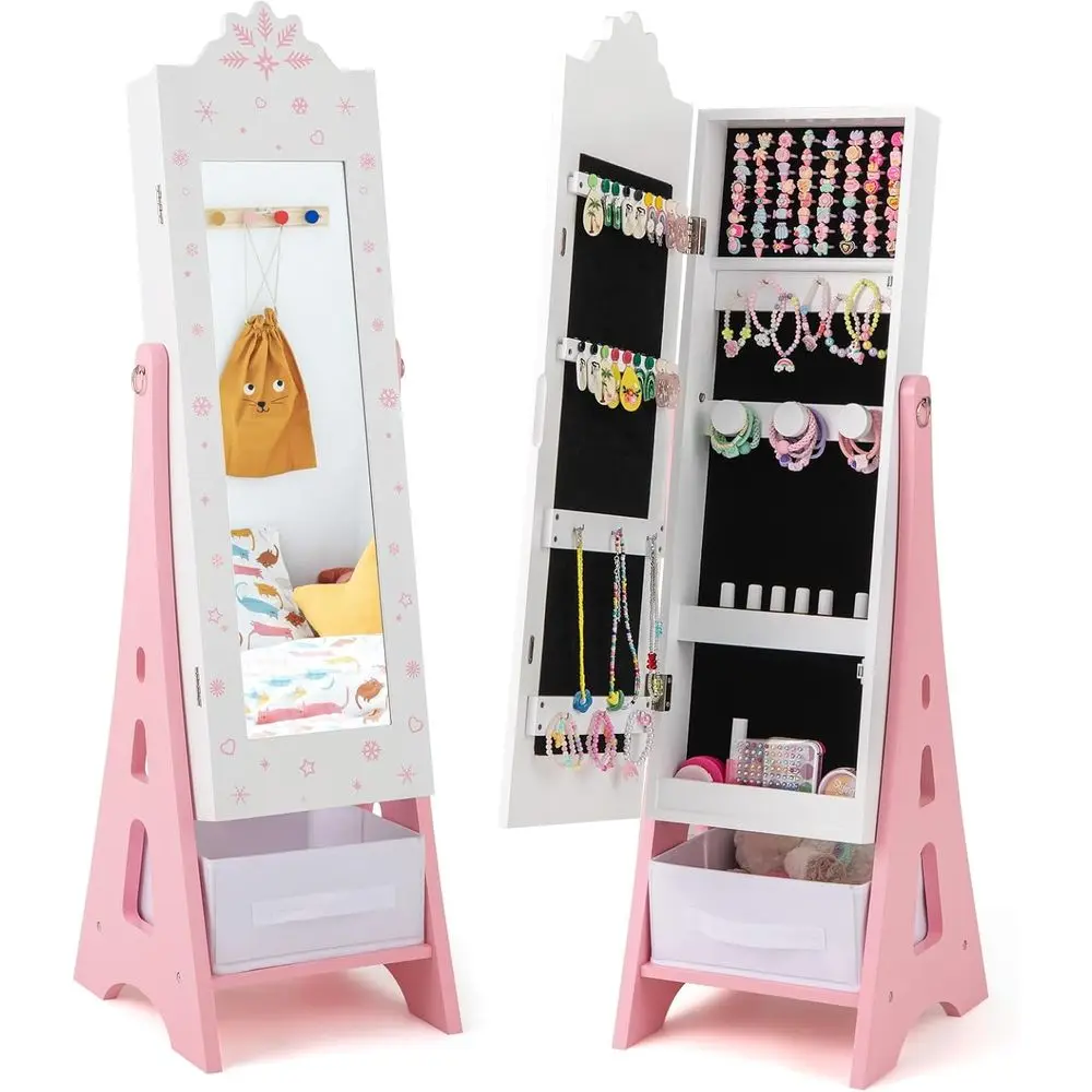 

Children's Wooden Standing Jewelry Cabinet with Full-Length Mirror and Storage Drawers (White)