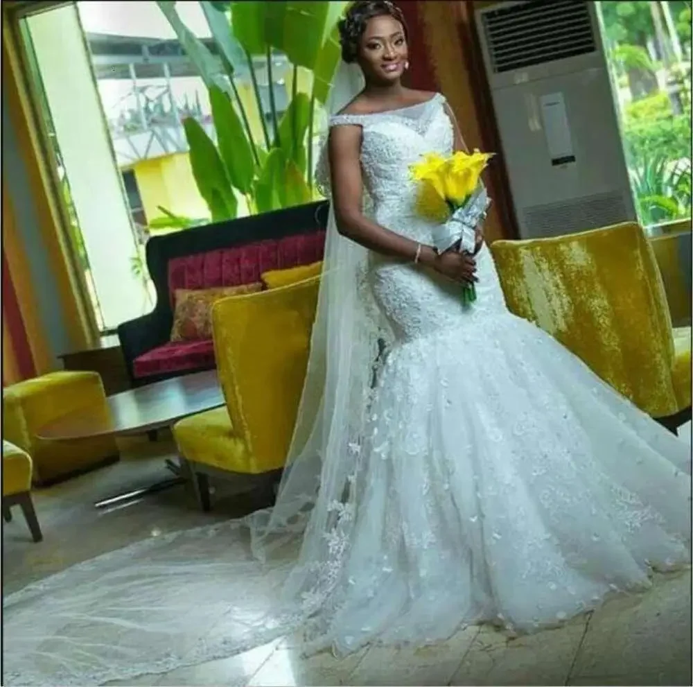 Vestidos De novia De sirena árabes De Dubái personalizados, nuevos apliques con cuentas, tren De barrido, vestidos De novia De encaje con hombros descubiertos, Vestido De No