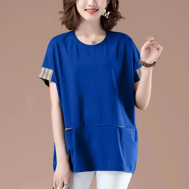 Women Summer Simplicity Loose Large Size pocket Solid Color O-neck Short Sleeve T-Shirt Women Clothes Casual All-match Top Tee