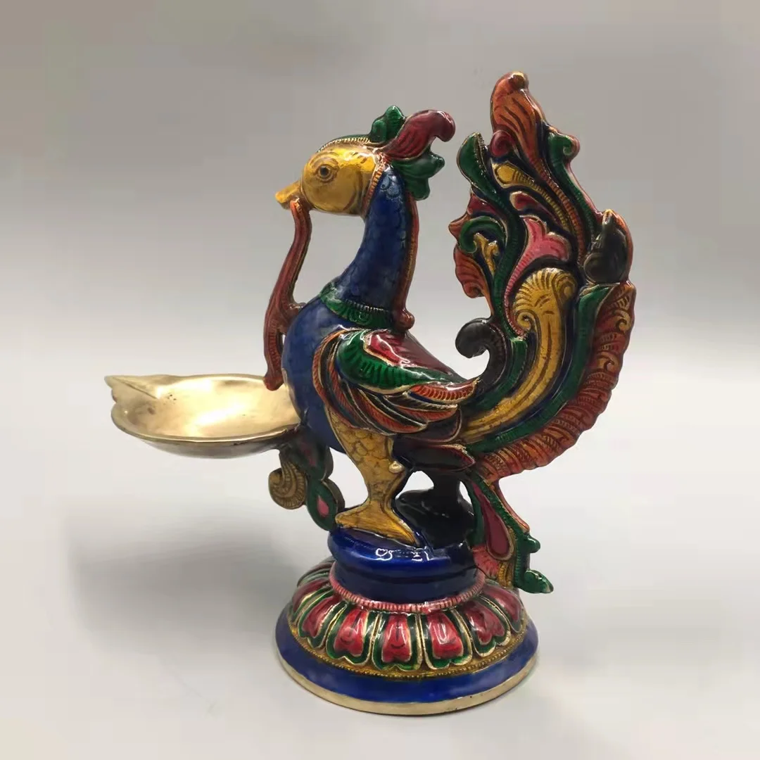 

Decoration Old Chinese copper painted bird of wonder oil lamp statue，Free shipping