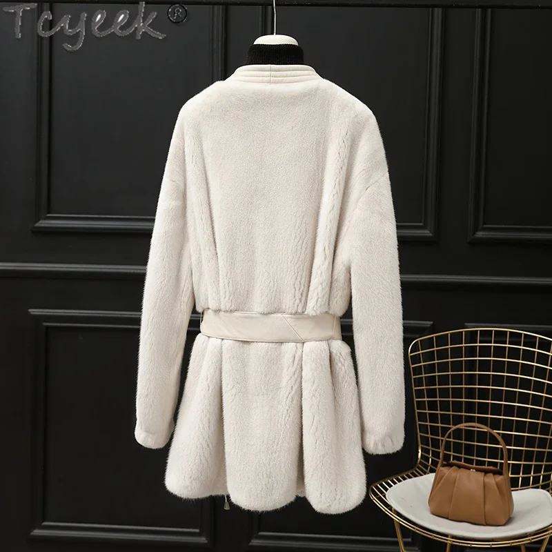 Tcyeek-Manteau en Fourrure de Vison Naturel pour Femme, Style Mi-Long, Vestes d'Hiver à la Mode, Col en V Combiné