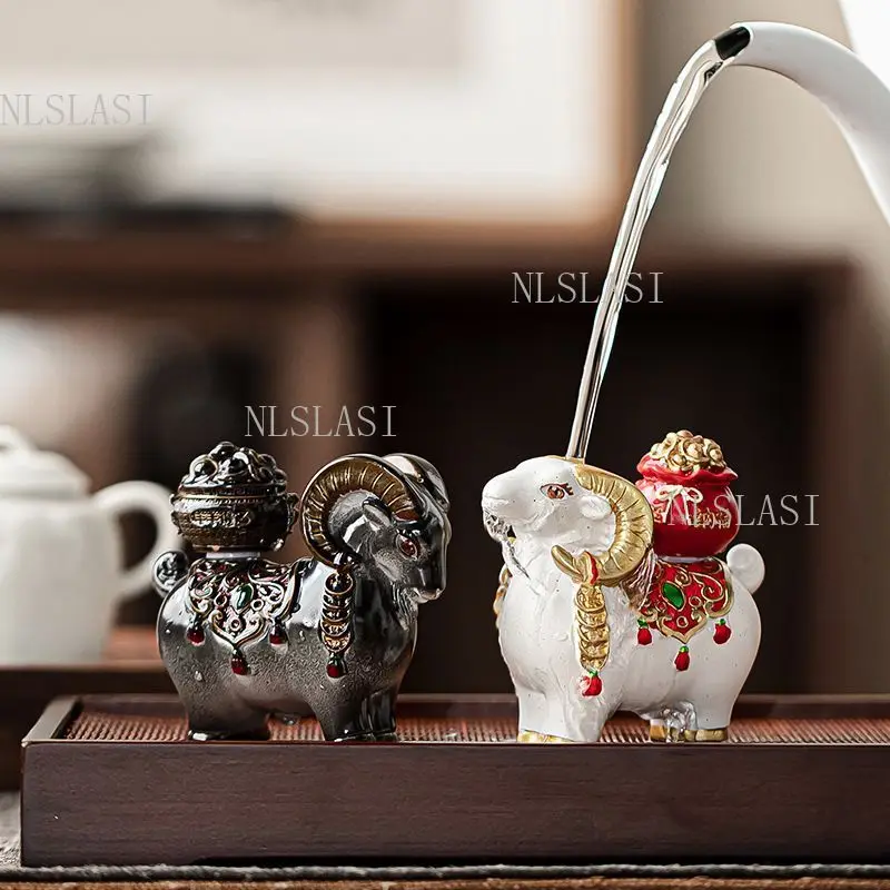 Chinese Color Changing Tea Pet Resin Sheep Figurine Rotating Fortune Bag Lucky Feng Shui Ornament Kung Fu Tea Set Accessories
