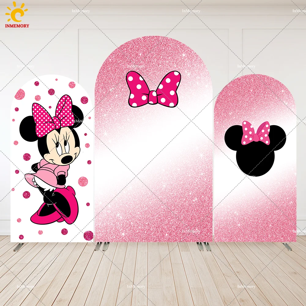 

Disney Minnie Mouse Baby Shower Decoration for Girls Arch Backdrop Cover Glitter Bow Newborn 1st Birthday Arched Wall Photobooth