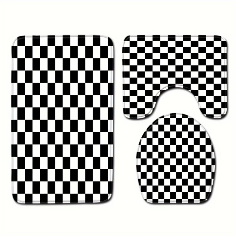 1pc, Black And White Gingham Non-slip Mat Toilet Cover Toilet Rug Floor Mat Set Toilet Absorbent Door Mat