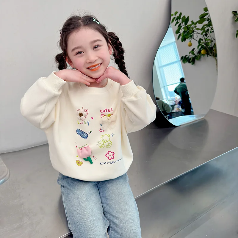 الفتيات هوديي 2025 الربيع والخريف ثلاثي الأبعاد زهرة عصرية عارضة حلوة لطيف قاعدة قميص النمط الغربي