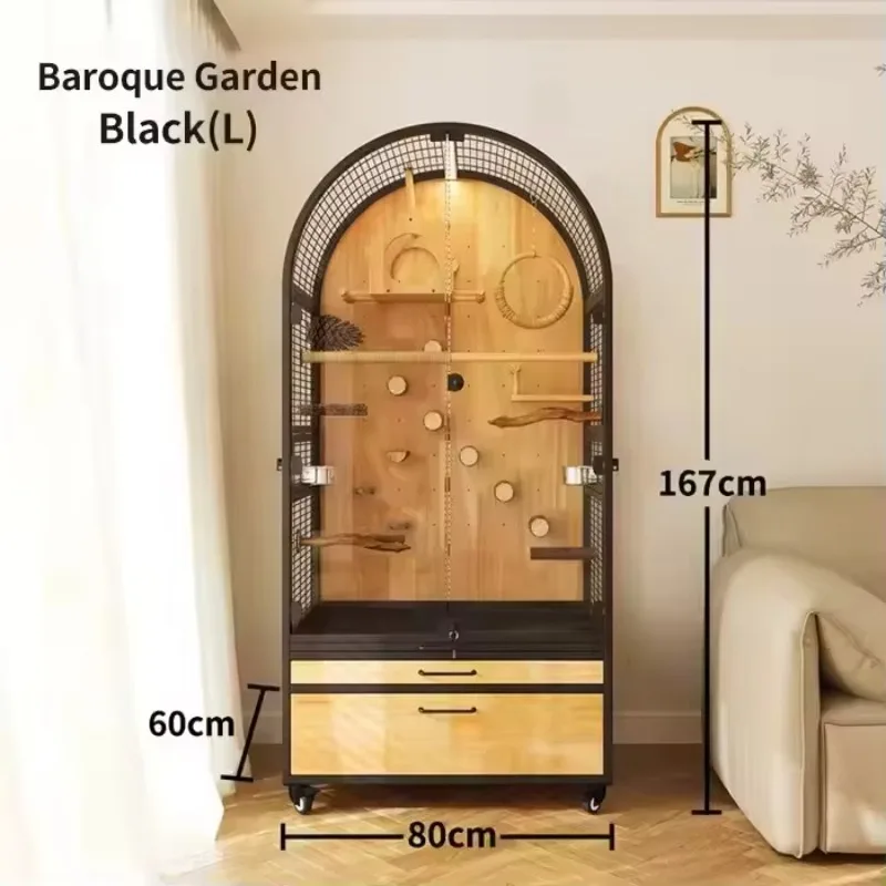 Luxury Modern Indoor Large Bird Cage Handmade Clear Glass With Wooden Base Printed Pattern On Plastic Tray