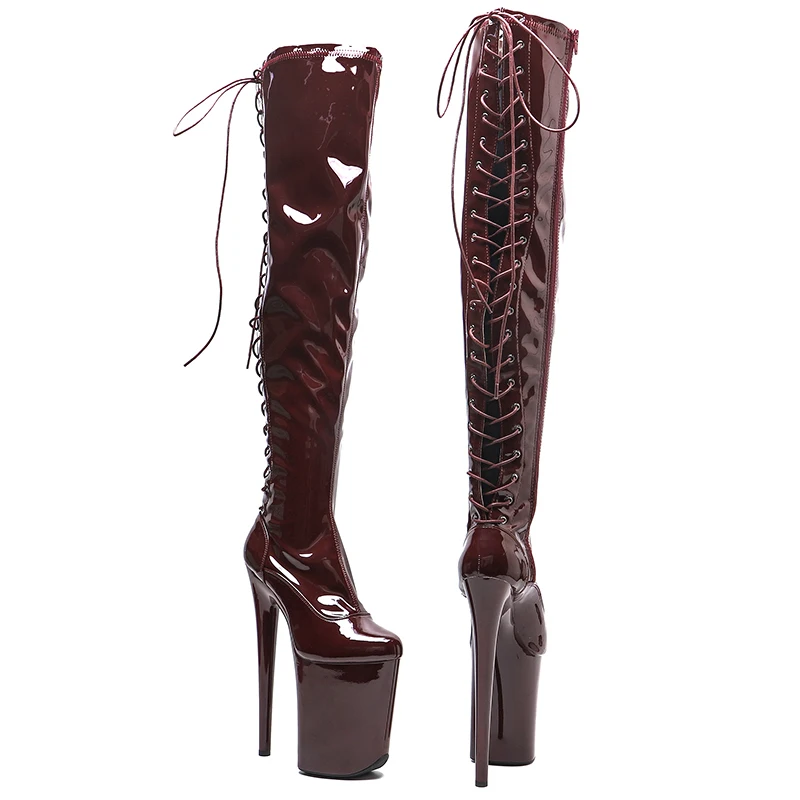 Leecabe 23CM/9inches Patent Material PU Fashion Lady High Heel Platform Pole Dance Boots