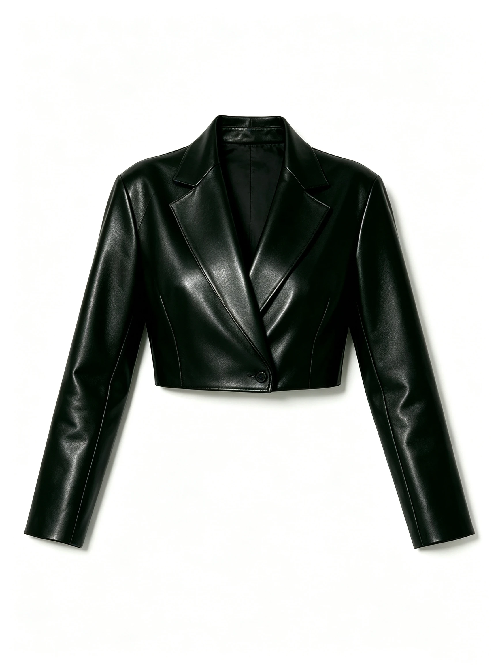 Women's Cropped Faux Leather Blazer with Notch Lapel and Single Button Closure
