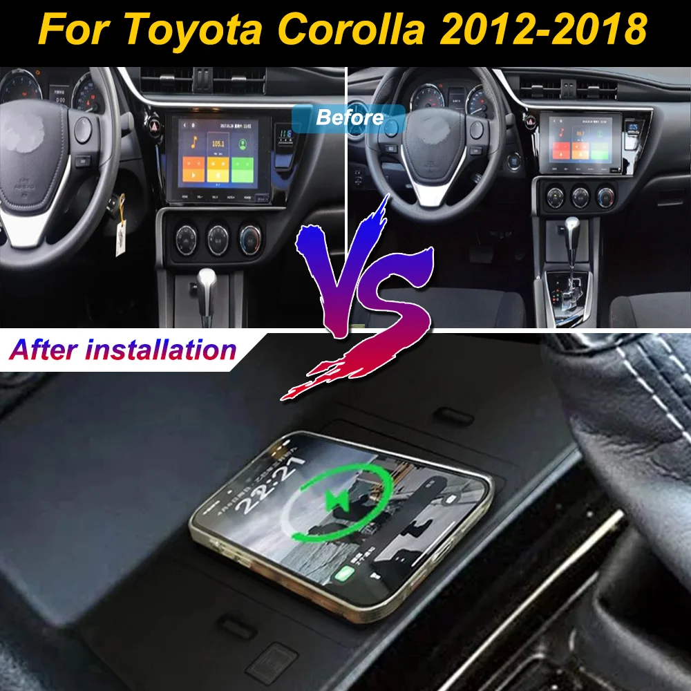Carregador de celular sem fio 2 Din para Toyota Corolla 2012-2018, com compartimento de armazenamento no console central, placa de carregamento rápido
