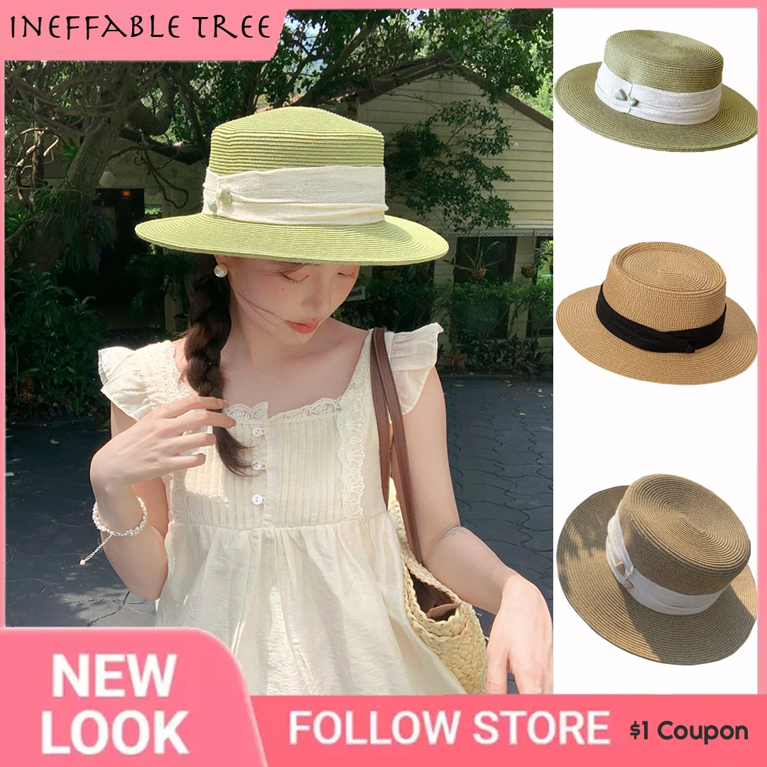 Summer Hemp Yarn Turquoise Embellishment Straw Hats for Women Ladies Flat Brim Ribbon Beach Sunscreen Travel Dress Fedora Caps