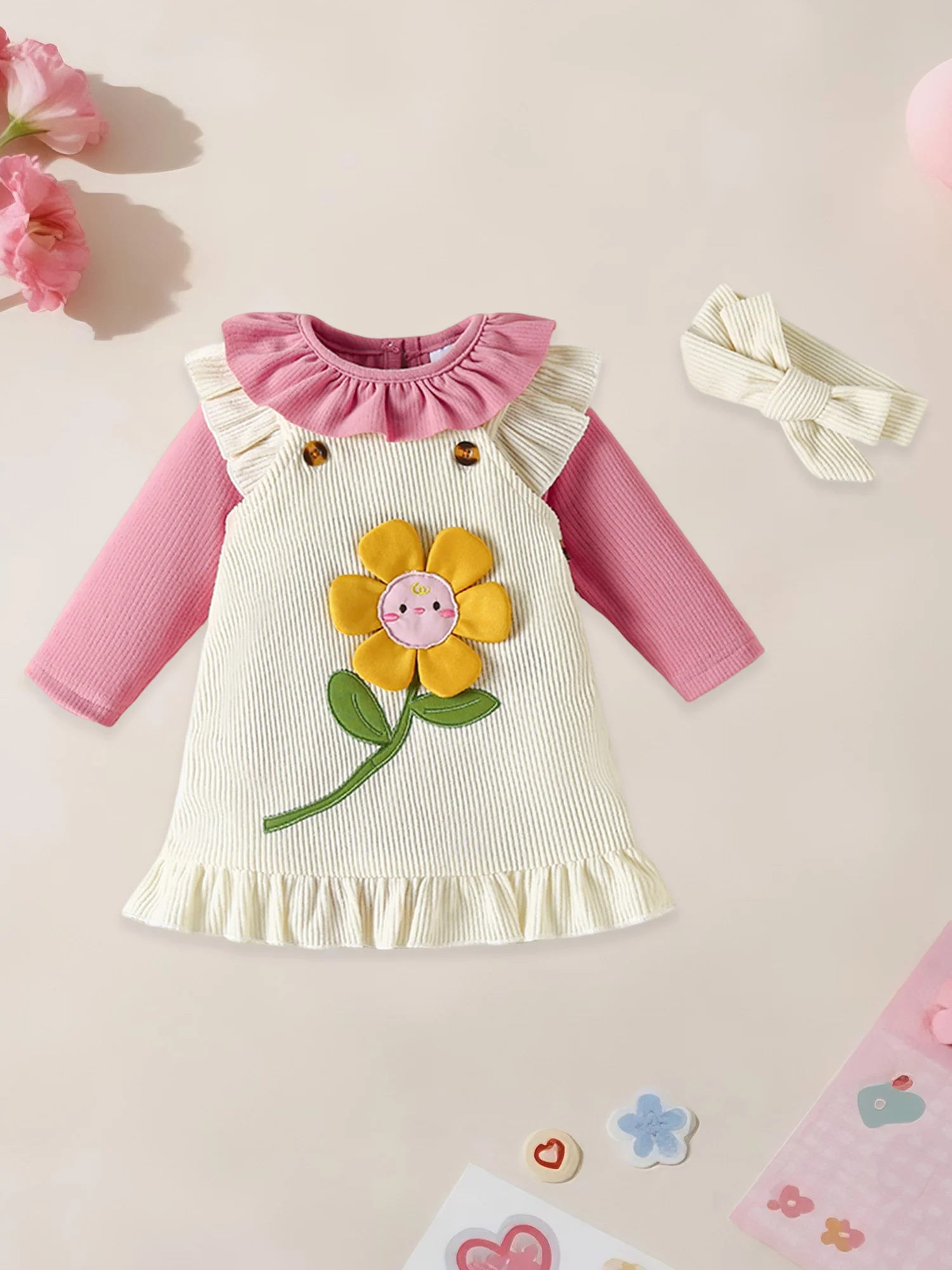 

Осенняя одежда для маленьких девочек, комбинезон с длинными рукавами и цветочным принтом, платье с рюшами, повязка на голову, комплект из трех предметов на осень