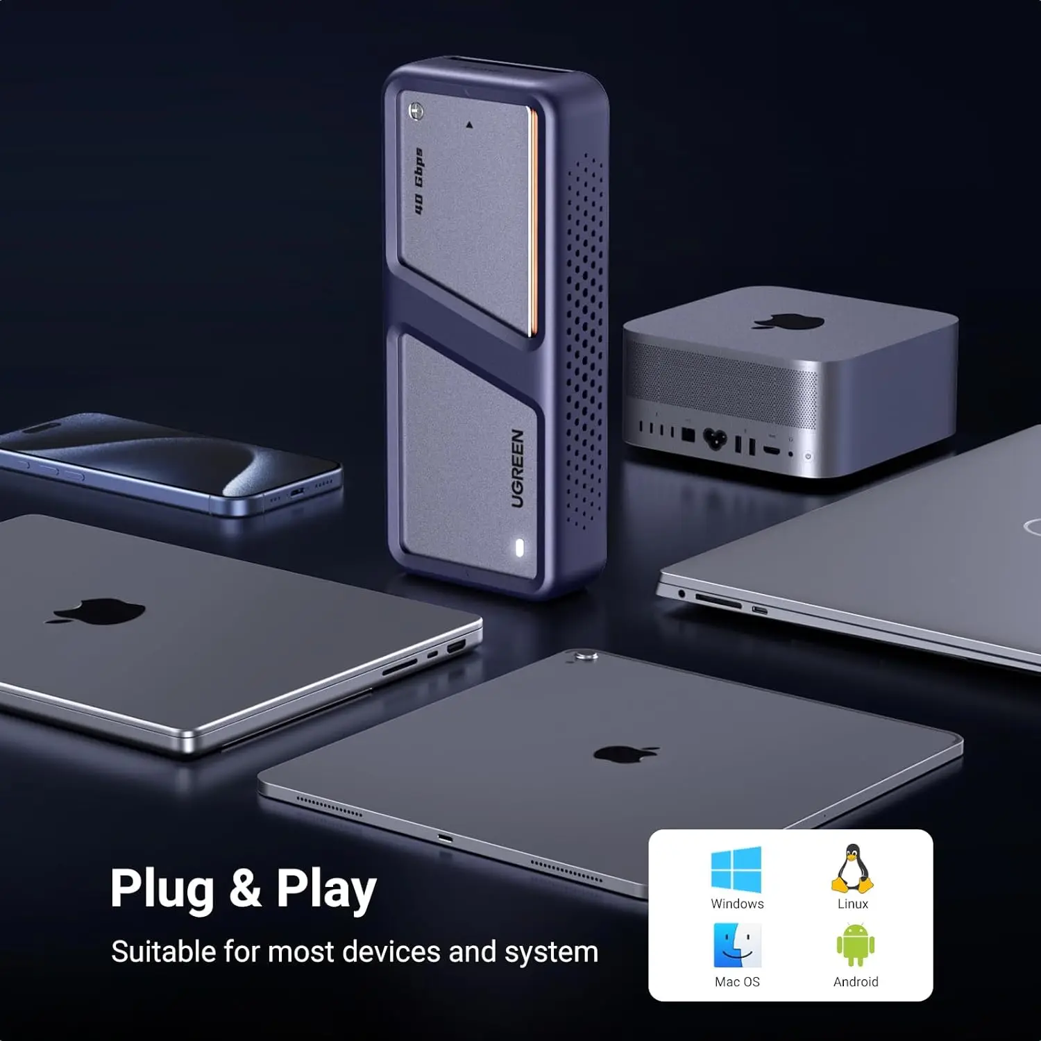 Custodia UGREEN M.2 NVMe da 40 Gbps con ventola di raffreddamento, custodia SSD antigoccia per MacBook, custodia M.2 in alluminio con supporto chiave M/B+M