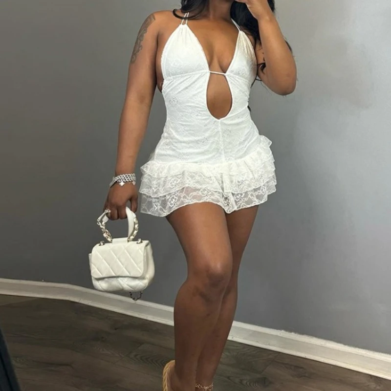 Vestidos para mulheres halter em camadas bolo vestido de baixo pescoço sexy sem costas meia-noite festa 2025 férias de verão bodycon saia curta y2k