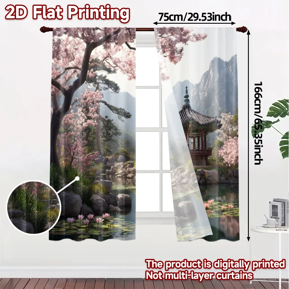 2pcs, 2D FLAT PRINTING Curtains (Without Rod) Serene Pavilion Light Filtering Chic Curtains Versatile Fabric Curtains Versatile