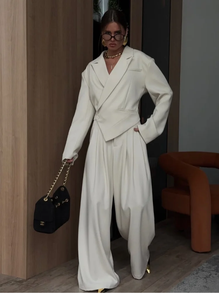 

Solid Wide-leg Pants Suits Women Chic Casual Full Sleeves Waist Cinching Loose Long Pant Sets 2026 Lady Daily Street Outfits New