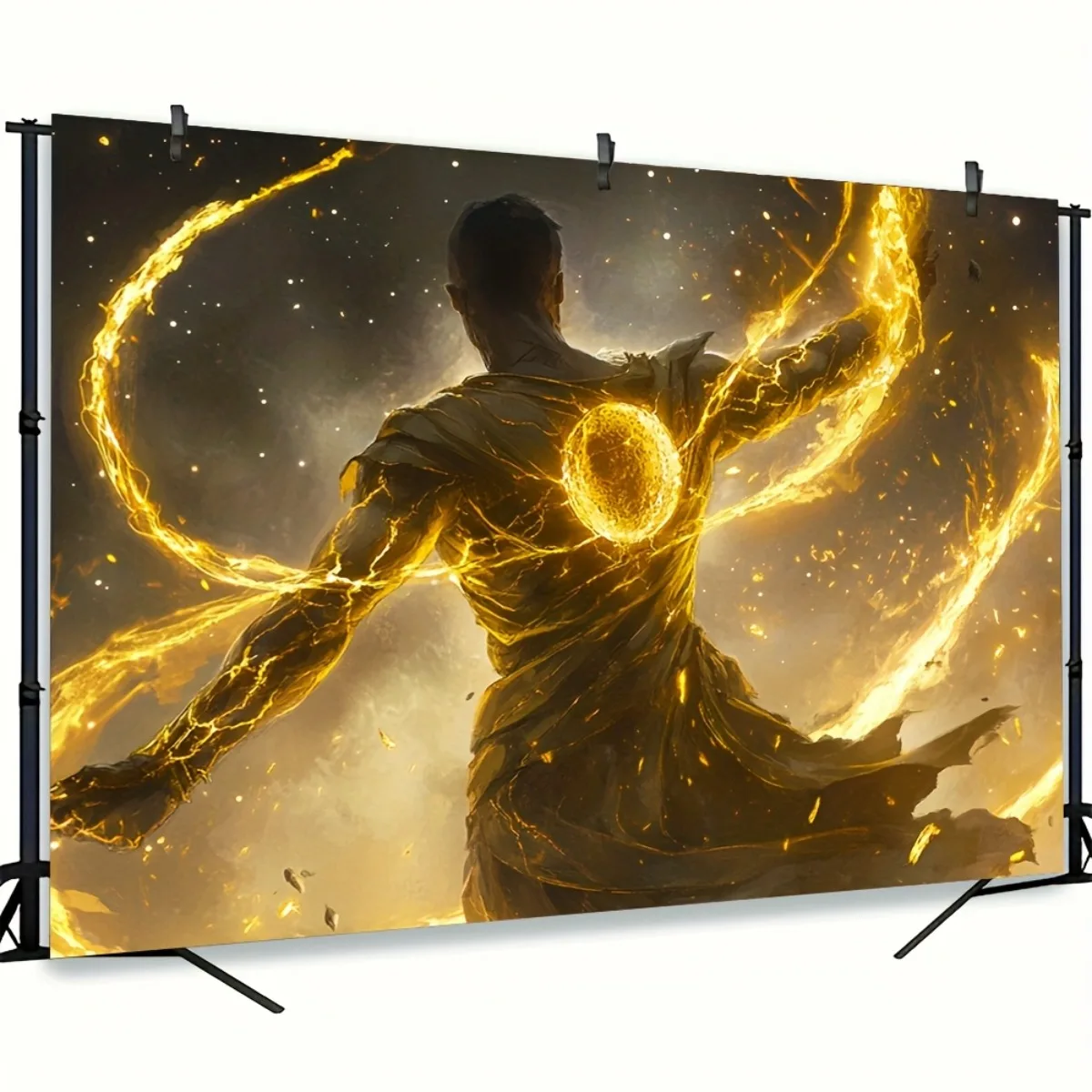 1pc Warrior in Thunderstorm Golden Glow Scene Wall Tapestry - Durable Polyester, No Electricity Needed, Immersive Atmosphere Dec