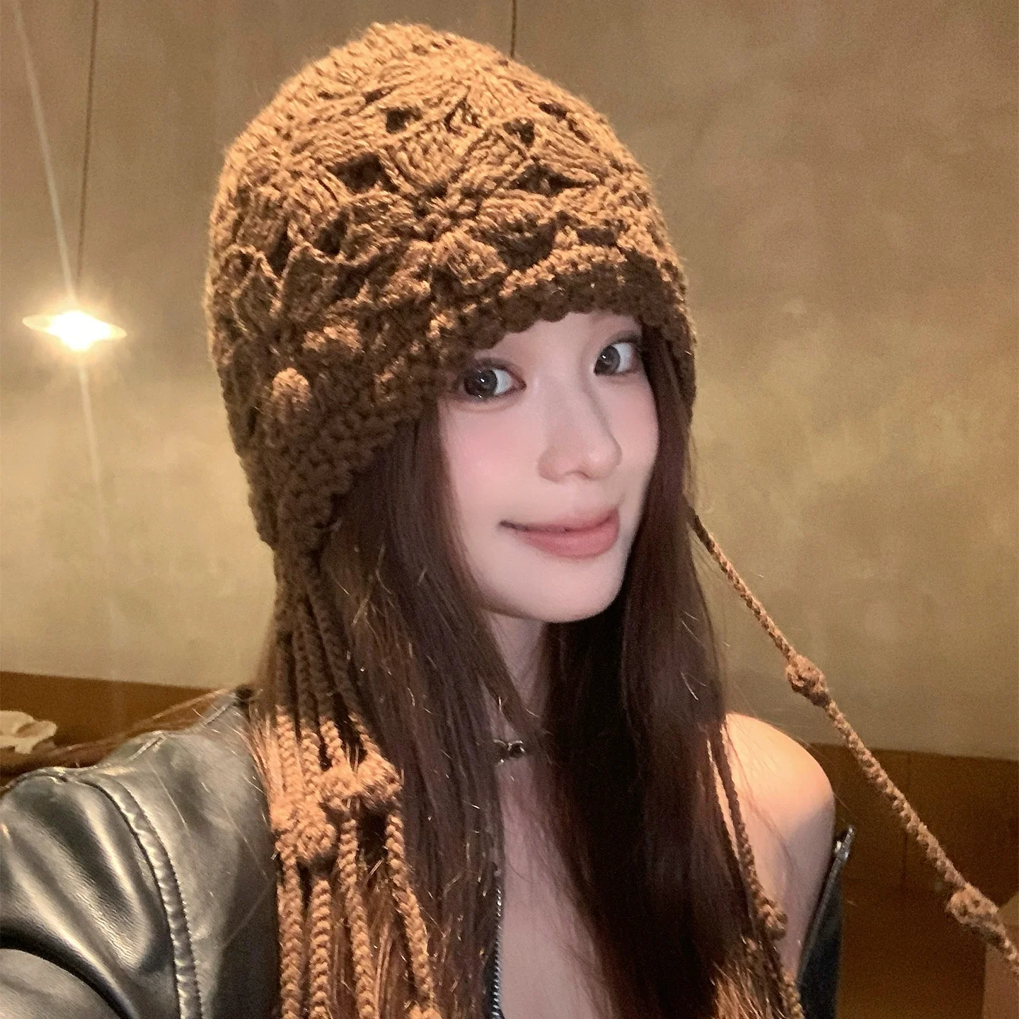 Women's Handcrafted Double-Layer Crocheted Hat: Vintage Fringe Floral Knit Hat—Warm Pull-Over Wool Beanie for Outings