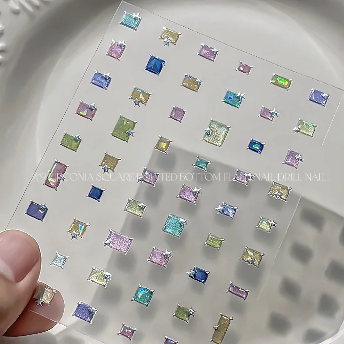 Cat Eye Square Gem Nail Stickers Multicolor Rectangular Gem Small Angle Stars Self-Adhesive Nail Decals DIY Nail Art Decorations