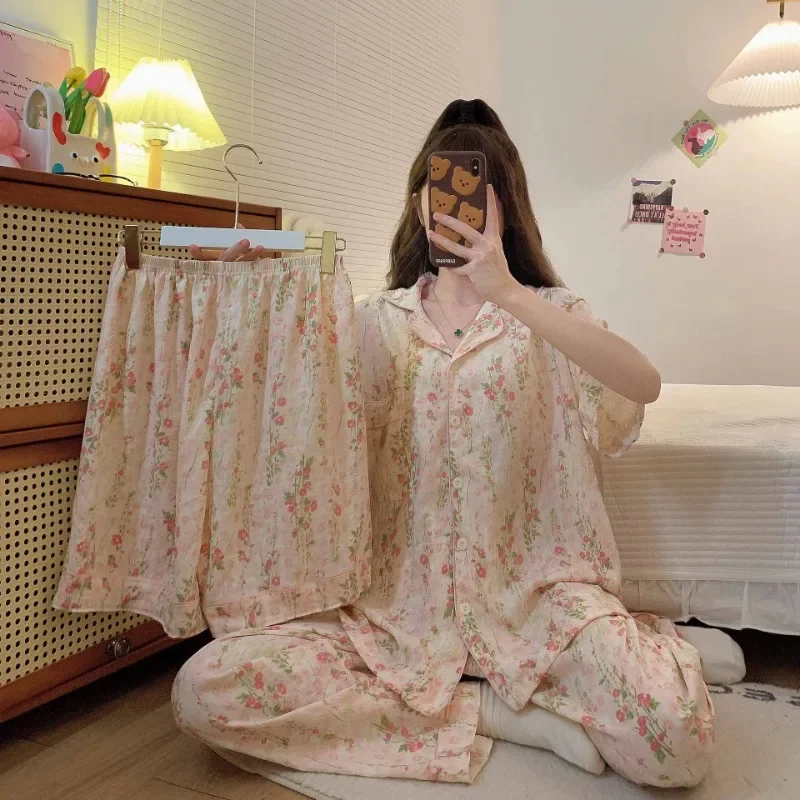 5XL Plus Size 3PCS/Set Women Spring Summer Pajamas Cardigan Short-Sleeved Sweet Homewear Print Loose Loungewear Suit 120kg