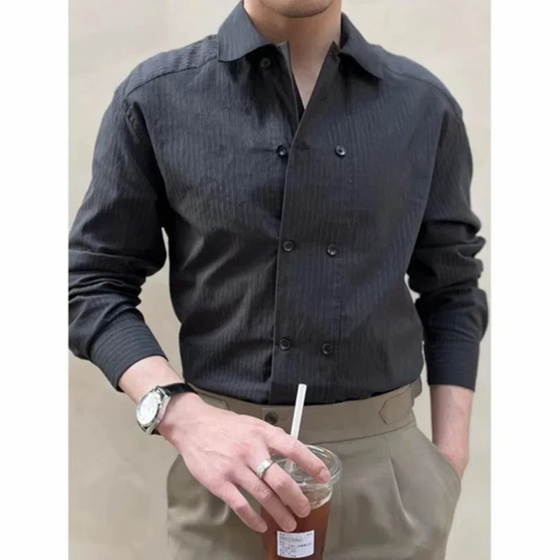 Striped Shirt for Men in Spring and Autumn Korean Style High End Solid Color Loose and Simple Long Sleeved Shirt Trendy