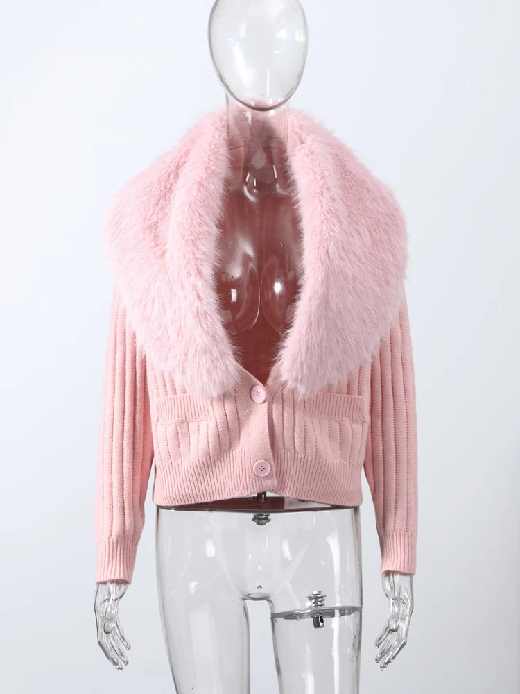 Autumn Faux Fur Collar Women's Cardigan Pink Sweet Long Sleeve Single-breasted Female Sweater 2026 Fashion Lady Knitwear image 5