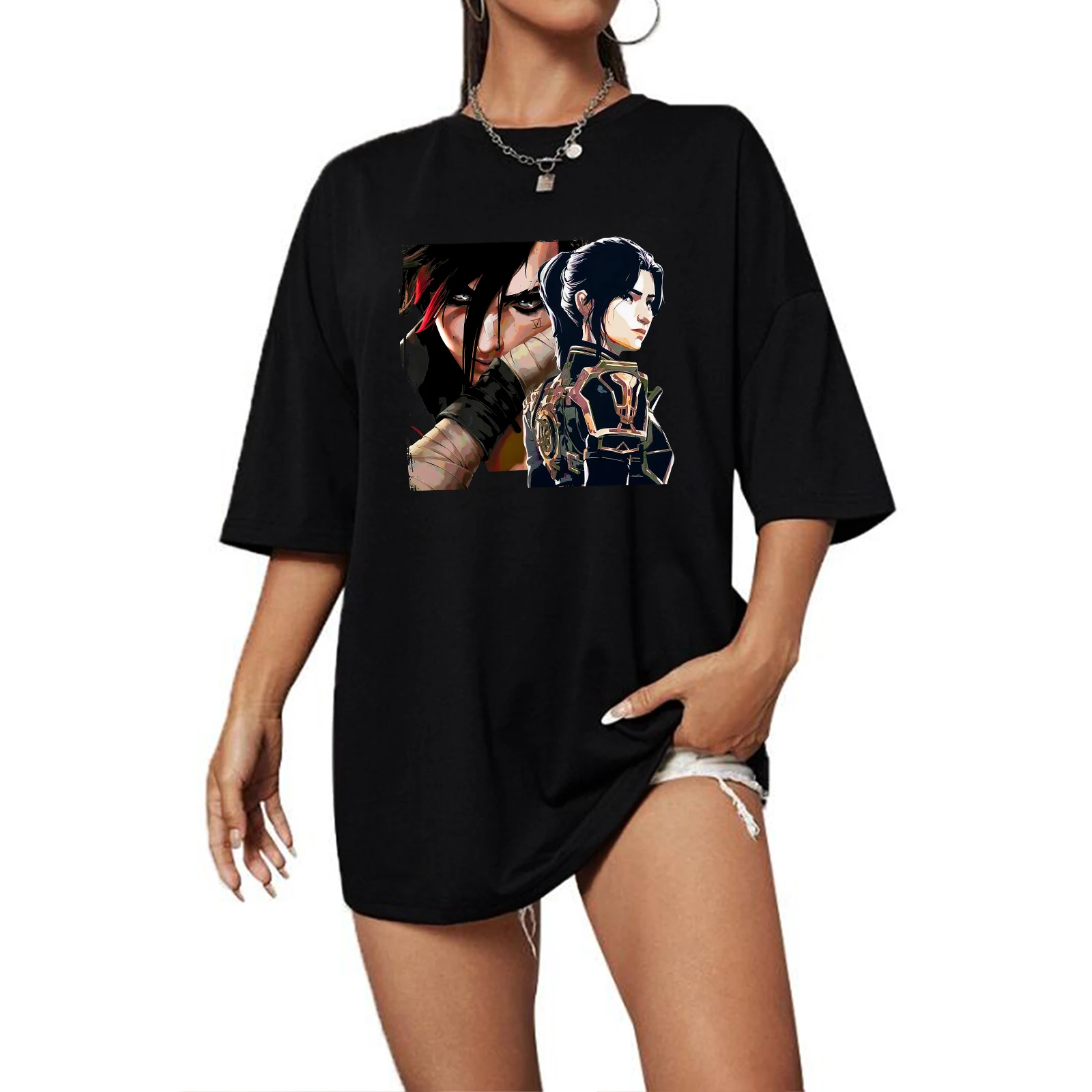 Arcane Caitlyn & Vi Poster Extra Large T-shirt O-Neck Short Sleeve Fashion Oversize Shirts