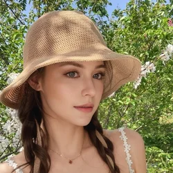 Simple sunshade straw hat women's summer new knitted basin hat show face small outdoor holiday wide brimmed sunscreen fisherman