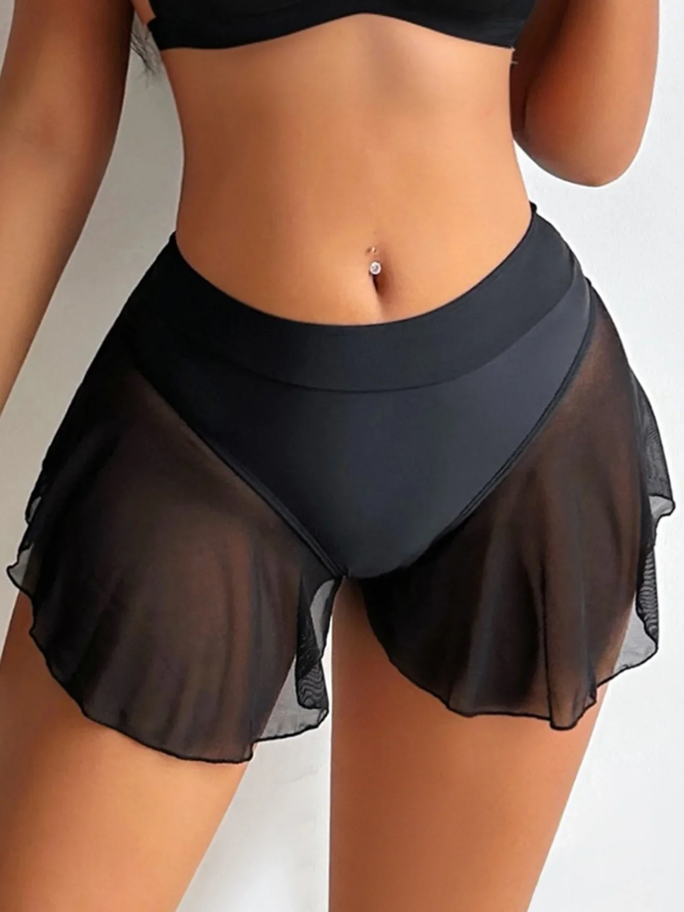 High Waist Bikini Shorts Bottoms Women Swimming Mesh Ruffle Pleated Panties Summer Ladies Black Bathing Suit Swim Shorts Bottom