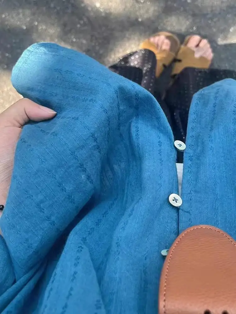 

Loose Women's Blue V-Ne Lantern Sve Sun Protection irt Outerwear Early Spring Lazy Sle Pure Color High-End Feeling Top