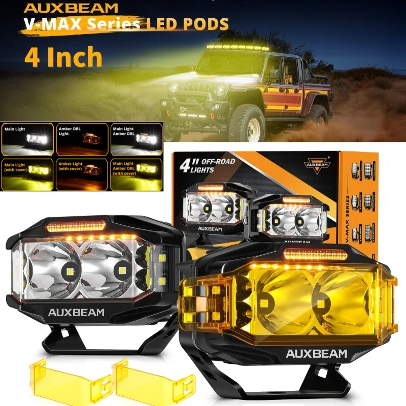 AUXBEAM Luz de conducción rectangular LED de 4 pulgadas 72W 6960LM Luces de vaina de tirador lateral de haz combinado con DRL ámbar |   Serie V-MAX