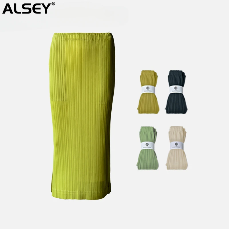 

ALSEY Miyake Pleated Bustier Women Solid Color Design Sense Summer New Skirt Side Split Package Hip PleatedWomen's Skirt