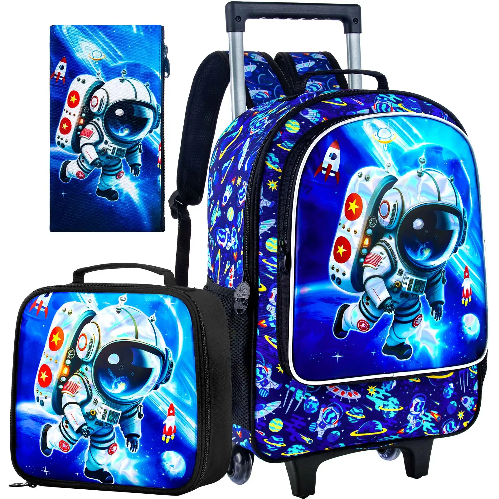 3Pcs Astronaut Rolling Backpack for Boys, Kids Wheeled School Bag Set with Lunch Box & Pencil Case