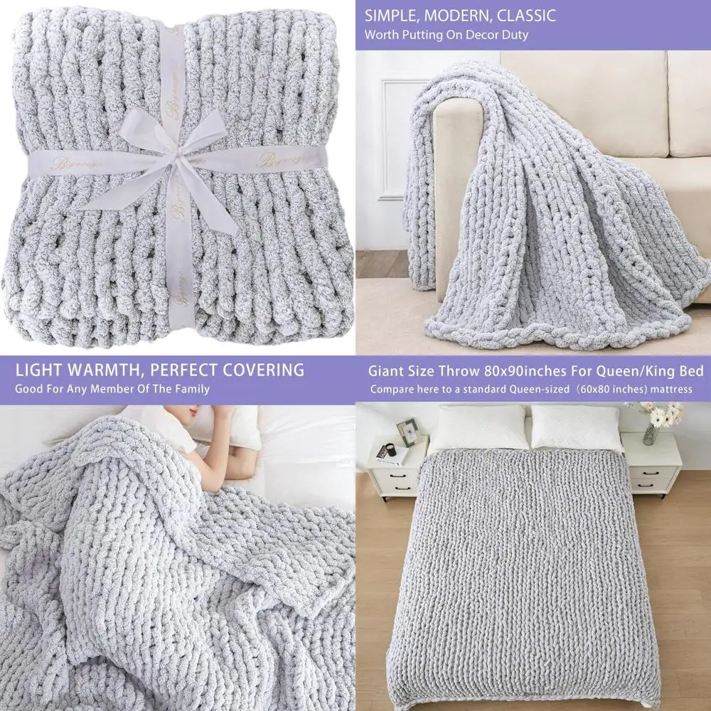 

Cozy 80x90 Hand-Knitted Jumbo Chenille Throw Blanket, Soft Cable Crochet, Light Grey for Sofa or Bed