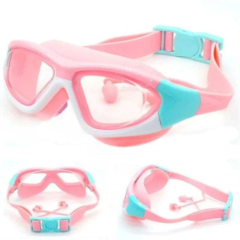 Children's High-Definition Waterproof and Anti-Fog Swimming Large Frame Glasses, Convenient Goggles Silicone Connection Earplugs