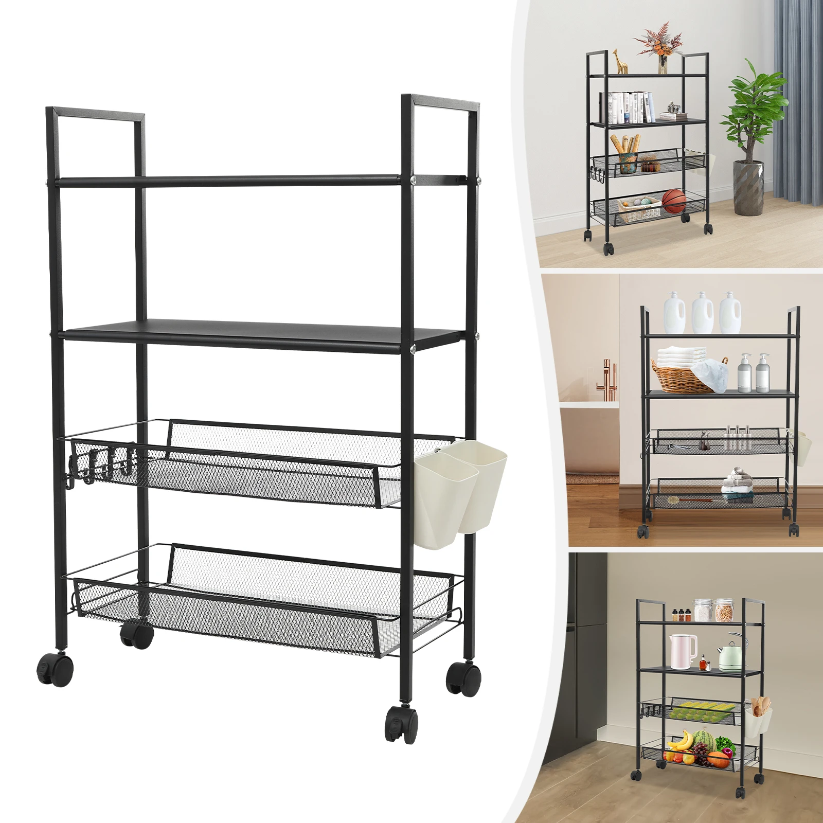 Black Kitchen Microwave Stand Shelf - 4 Tiers Metal Bakers Rack with Casters Coffee Bar Station with Storage