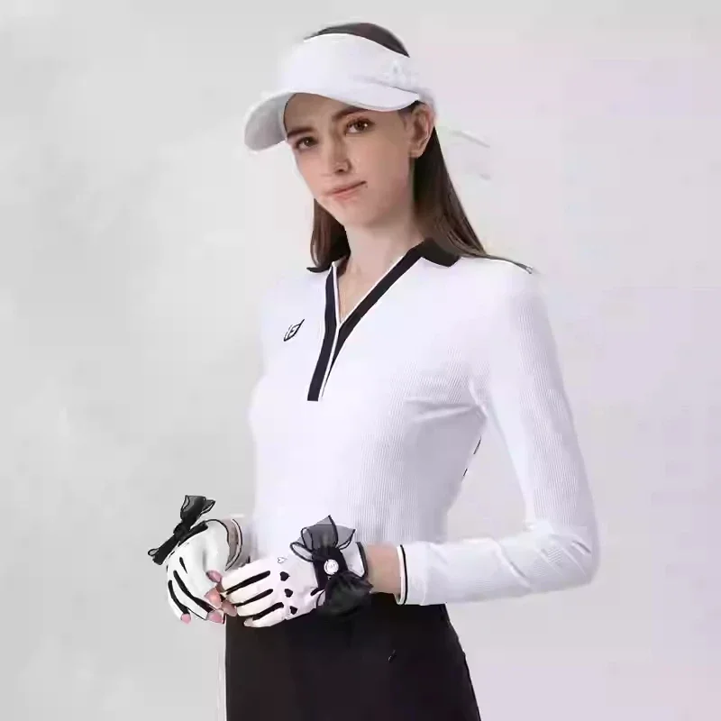 Spring/fall Golf Apparel Women's Long Sleeve V-collar T-shirt Breathable Slim Tops Ladies Patchwork Sports Shirts Fashion Golf