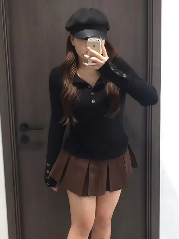 

plus Size Women's Korean Design Button Long Sve T-irt Slimming Ele Top for Autumn Faion plus Size Inner Wear