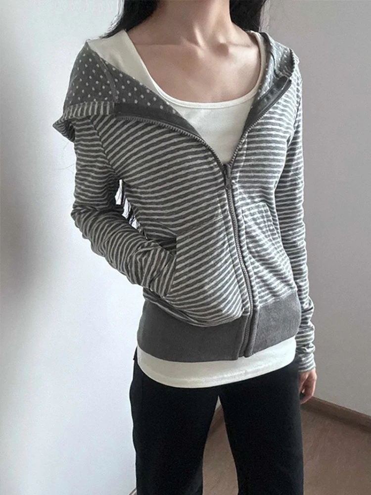 Slim Fit Gestreept Sweatshirt Met Capuchon Dames Y2k Zip-Up Capuchon 2025, Herfst Lange Mouw Tops Mode Casual Jas