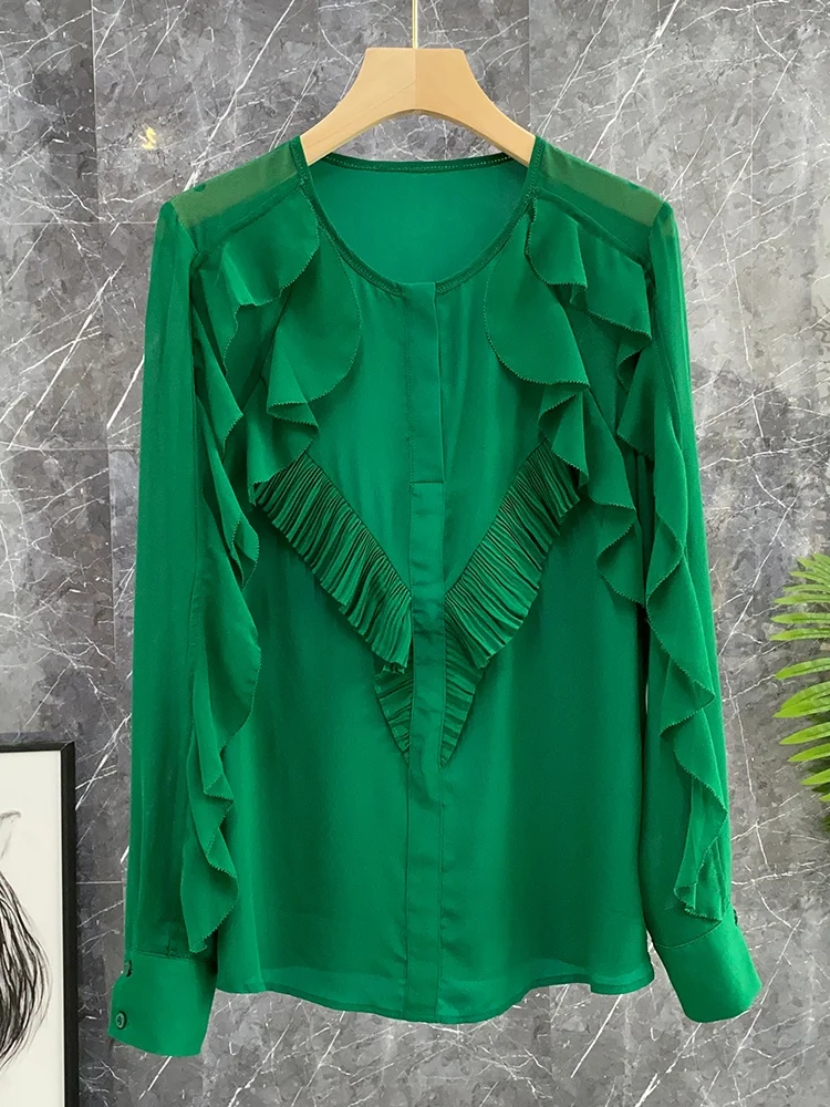 

Зеленая шелковая блузка с кружевным подолом, длинными рукавами, женская, модная, для офиса, с круглым вырезом, прямого кроя, шелковый топ