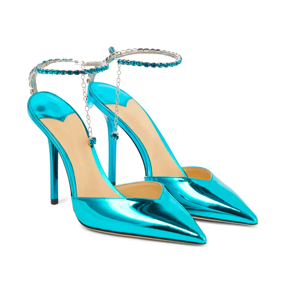 

2022 Bright Pu Leather Woman Summer Sandals Pointed Toe Thin High Heel Buckle Ankle Strap with Crystal Female Party Shoes