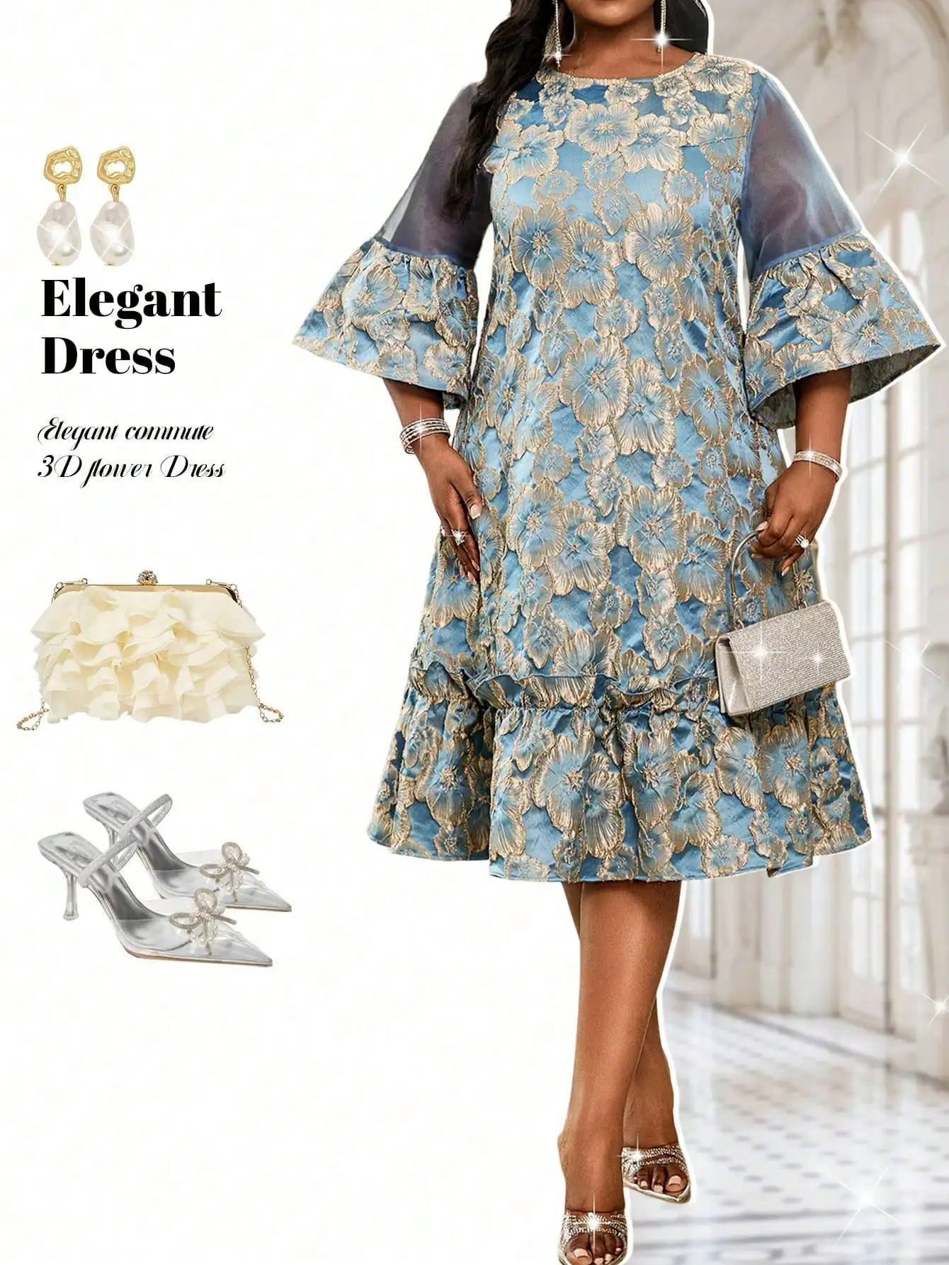 

Elegant Floral Jacquard A-Line Dress With Flare Sleeve And Ruffle Hem