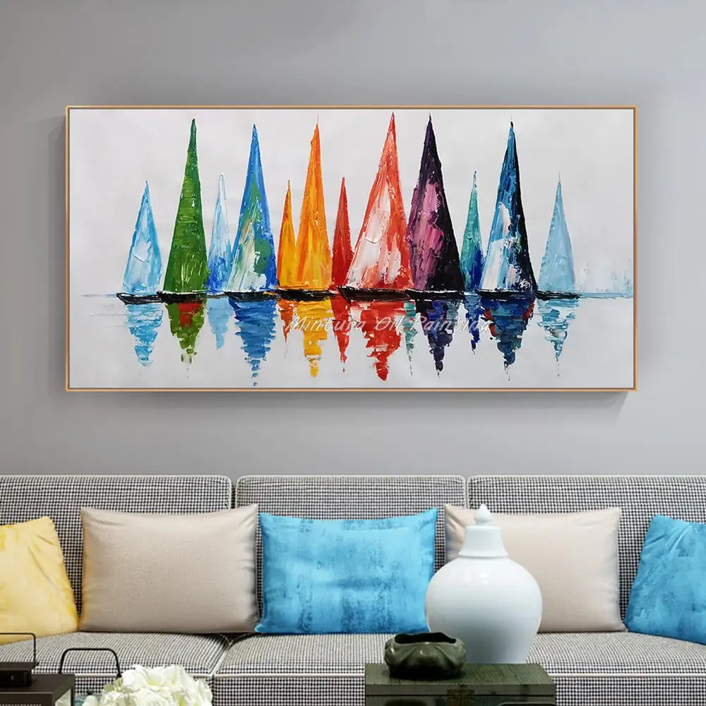 

Mintura Wall Picture for Living Room Oil Painting on Canvas,Hand-Painted Abstract Picture The sailboat Reflection Home Decor Art